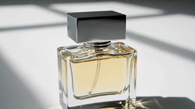 Elegant perfume bottle with a modern design and reflective shadows