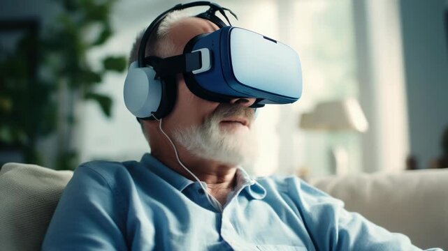 An older man wearing virtual reality goggles and headphones, sitting on a couch in a living room environment.