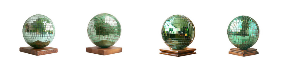 Four glittering disco balls on wooden stands, bringing sparkle and party vibes isolated on transparent background