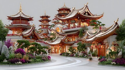 Obraz premium Classic oriental temple with curved roofs high resolution picture