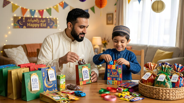Muslim Father and Son Preparing Eid Mubarak Gift Bags at Home, Islamic Holiday Traditions and Festive Family Celebration
