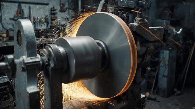 A grinder sparks in an industrial workshop with various tools