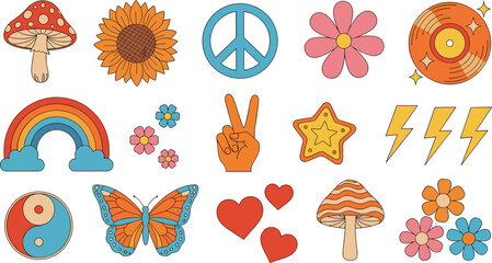 Retro hippie and boho symbols collection with rainbow, peace sign, vinyl record, mushrooms, flowers, butterfly, and hearts for groovy vintage vector illustration. © MstSuborna