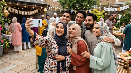 Naklejka premium Diverse Happy Muslim Friends and Family Taking Selfie at Outdoor Eid Al-Fitr Garden Party Celebration with String Lights and Festive Decorations