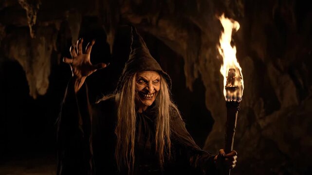 Terrifying Witch with a Flaming Torch Menacingly Emerges from the Shadows of a Dark Cave