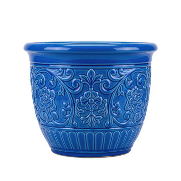 Blue Ceramic Flower Pot with Floral Design