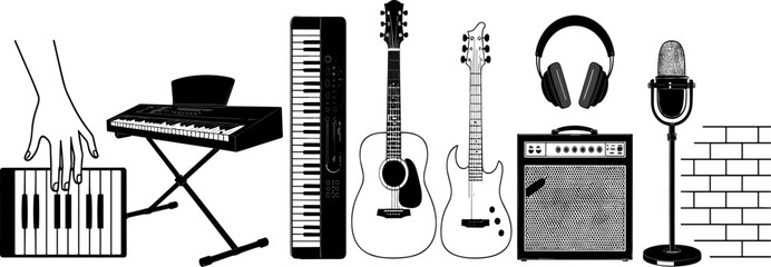 Musical instruments and audio equipment illustration, keyboard, piano, synthesizer, acoustic guitar, electric guitar, headphones, amplifier, microphone, brick wall, music production art composition © MSTAMENA