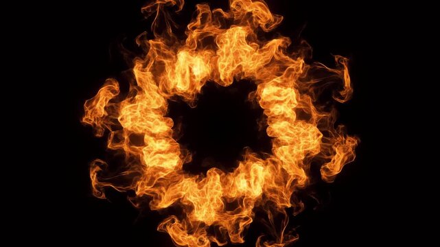 Fiery Ring of Flames Expanding and Contracting on Black Background.
