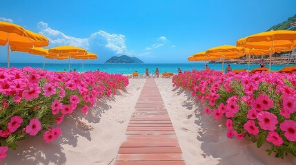 Fototapeta premium Beach Path Lined with Pink Flowers, Yellow Parasols and Clear Blue Sea