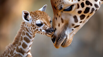 Fototapeta premium Giraffe mother and calf sharing a tender bonding moment in their natural habitat, symbolizing pure maternal love, new life, and the vital importance of global wildlife conservation