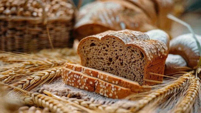 of freshly baked bread on a rustic table with straw base and wheat stalks.