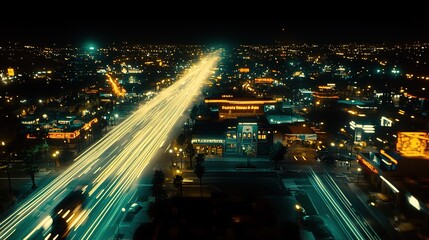 Obraz premium Aerial View of Urban Nightscape with Light Trails on Road