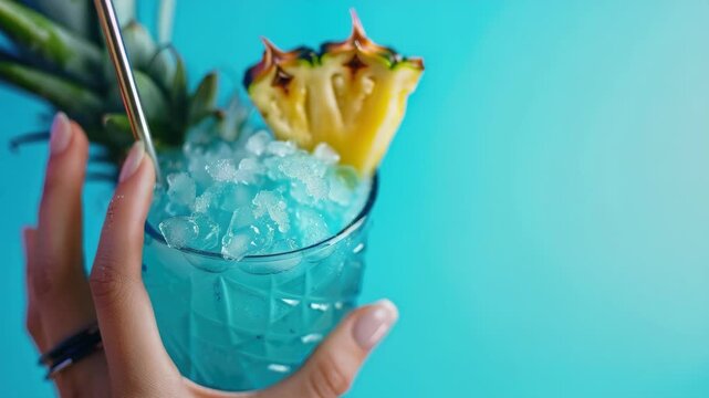 This is an of a hand holding a blue cocktail with crushed ice and a pineapple slice as garnish. The background is blurred but suggests a vibrant, possibly beachside setting.
