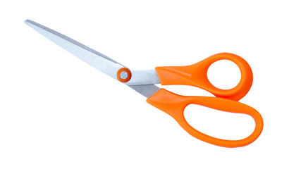 Top view of a pair of close multipurpose scissors with orange handle isolated on white background with clipping path