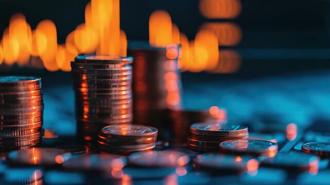 A close-up featuring a pile of coins illuminated by bright lights. The background is dark with an array of small, colorful lights that suggest a vibrant and lively atmosphere.