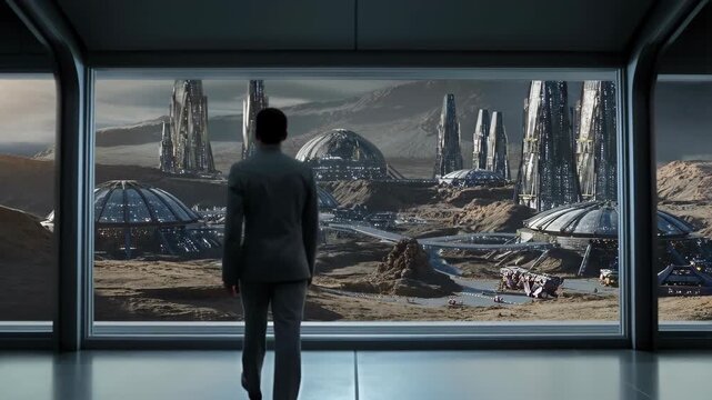 rear view of the commander walking toward a panoramic window, revealing a futuristic Mars colony