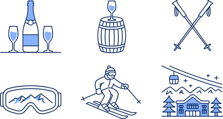 Winter ski resort icons illustration, champagne celebration, wine barrel, crossed ski poles, ski goggles, downhill skier, gondola lift, mountain vacation artwork © MSTESMOTARA