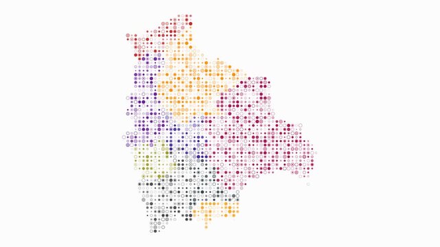 Bolivia map animation. Shape of the country with pulsating colored dots. Small size circle blocks. Digital style Bolivia map on white background. Stylish video.