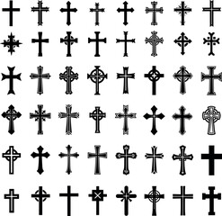 Fototapeta premium Christian Cross Icon Set Vintage Crucifix Religious Symbol Silhouette Collection