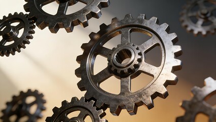 mechanism. Abstract composition of floating mechanical gears against a gradient backdrop, symbolizing innovation and precision. product launch decks.