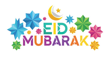 A vibrant eid mubarak greeting featuring colorful starbursts and a crescent moon with a distinctive silhouette high quality professional detailed modern © GDOthoi02