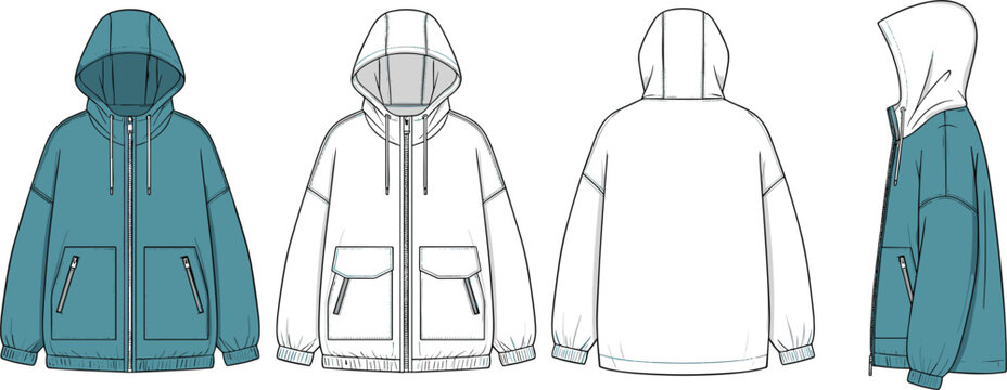 Technical fashion flat sketch vector set including oversized zip hoodie puff sleeve blouse raglan sweatshirt anorak jacket dress trousers and midi skirts collection