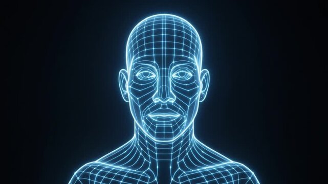 Digital Blueprint Wireframe of Human Head and Shoulders on Dark Background