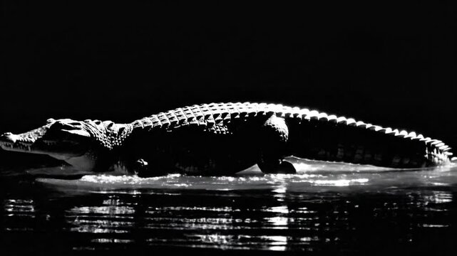 A grayscale image of a crocodile in water, the scene is shadowed, highlighting the texture and detail