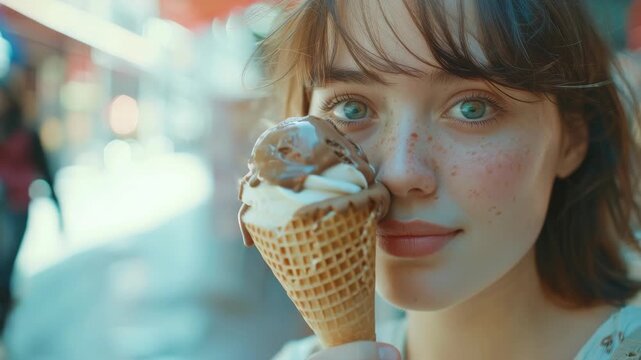 Portrait of cheerful young woman with freckles and green eyes eating a chocolate ice cream cone while walking down city street.