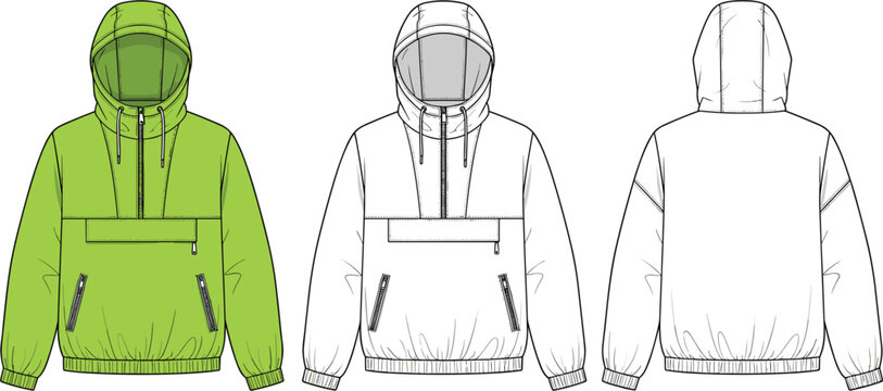 Technical fashion flat sketch vector set of women's pleated midi skirts drawstring trousers and hooded anorak jacket for apparel design and clothing manufacturing
