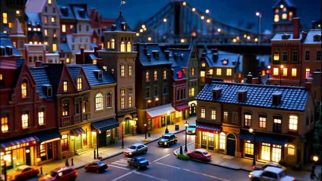 A nighttime aerial shot of a miniature European town with illuminated vintage buildings, an intersection with tiny cars