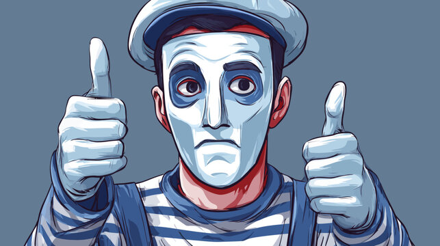 Digitally rendered illustration of a mime artist, giving two thumbs up, on blue-grey backdrop