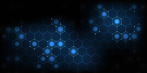 Futuristic abstract blue background featuring glowing hexagonal grid pattern and connected dots. Digital technology concept with geometric honeycomb structure © Dayat