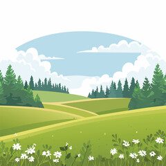 Cartoon landscape with green hills trees and a bright blue sky