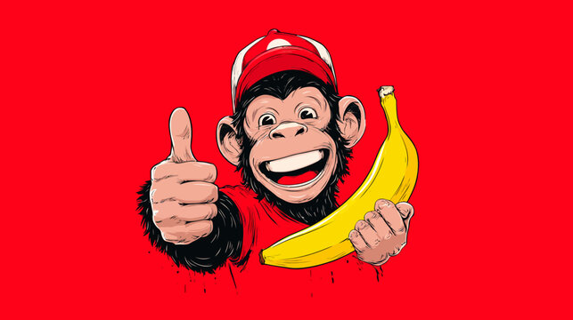 A smiling primate with a banana and a thumbs-up against a bright red background