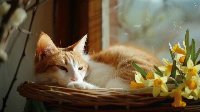 A cat sleeping peacefully in a basket with yellow flowers.