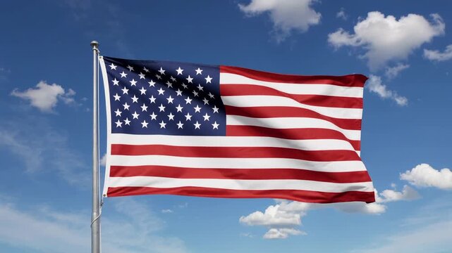 Classic american flag with fifty white stars on blue canton and thirteen red and white stripes waves gracefully from silver flagpole