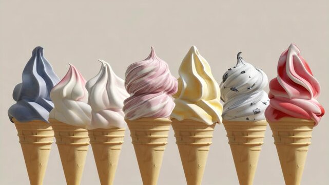 A row of six ice cream cones with different flavored ice creams on top. Each cone has a unique color scheme representing the ice cream's flavor.