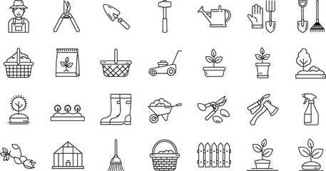 Gardening outline icon set with tools, plants, greenhouse, watering can, lawn mower, boots, and harvest basket for horticulture vector illustration. © MstSuborna