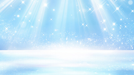 幻想的な青いステージと光と白いカーテンの背景　スポットライトが降り注ぐ華やかなホワイトデー舞台