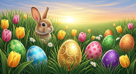 Illustration of decorated eggs, a rabbit, and tulips in green grass against a sunset sky, representing Easter and spring celebration, holiday.