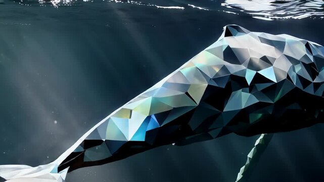 Geometric whale swims underwater, light rays pierce down