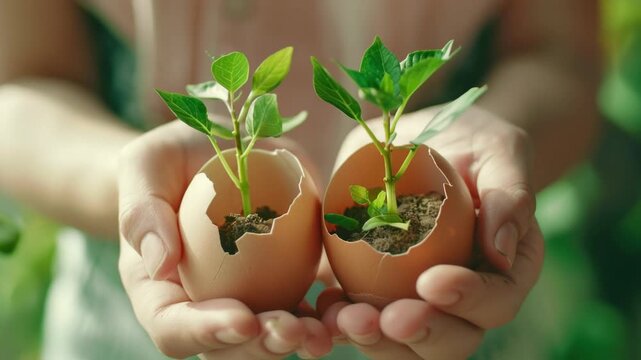 of two eggshell halves with sprouting plants in hands. Symbolizes growth and resilience.