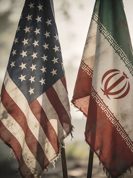 The flag of The USA and the flag of the Islamic Republic flag of Iran, with fire and tension between them.