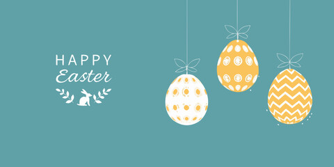 Happy easter greeting with hanging decorated eggs and floral elements © Hridoy