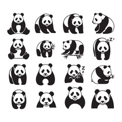 Giant Panda Bear Icons Collection Various Poses Simple Silhouette Style