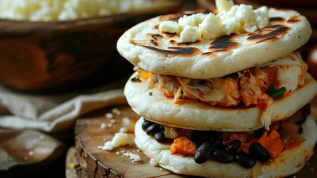Freshly prepared Mexican-inspired sandwich stack with black beans and vegetables on a wooden cutting board.