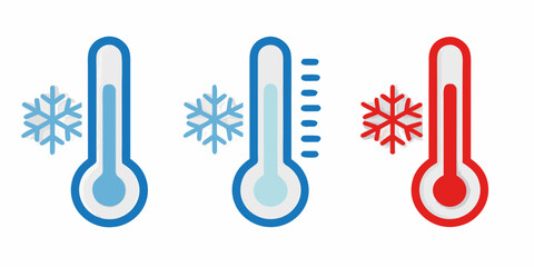 Three thermometers displaying varying temperatures with snowflake icons