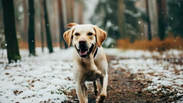 Happy dog running through snowy woods with trees and falling snow.