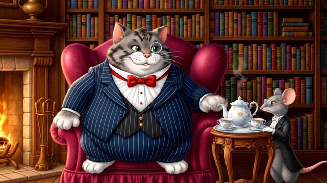 Dapper cat gentleman enjoying tea with a mouse server in a cozy library near a fireplace, elegant animal character concept.